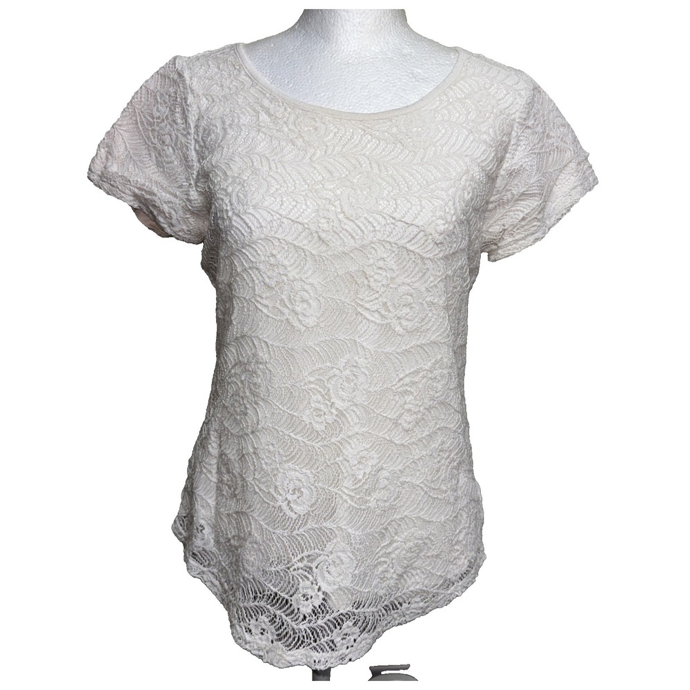 Leo & Nicole White Floral Lace Overlay Blouse S Dreamy Cottagecore Short Sleeve‎